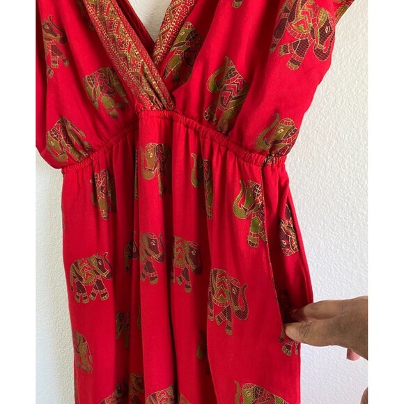 Lapogee Red Elephant Print Maxi Dress Boho V-Neck Maxi Dress Pockets Plus 3X - Picture 4 of 9